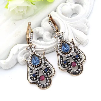 New Vintage Turkish Women Blue Resin Tulips Flower Long Hook Earring Antique Gold Color Hollow Arabesque Ethnic