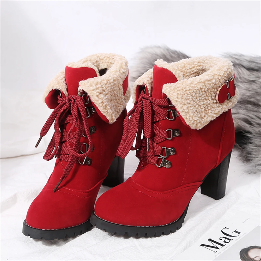 BONJOMARISA/зимние ботинки на меху размера плюс 32-44 г. Женская осенне-зимняя обувь на высоком каблуке 8 см со шнуровкой и отворотами