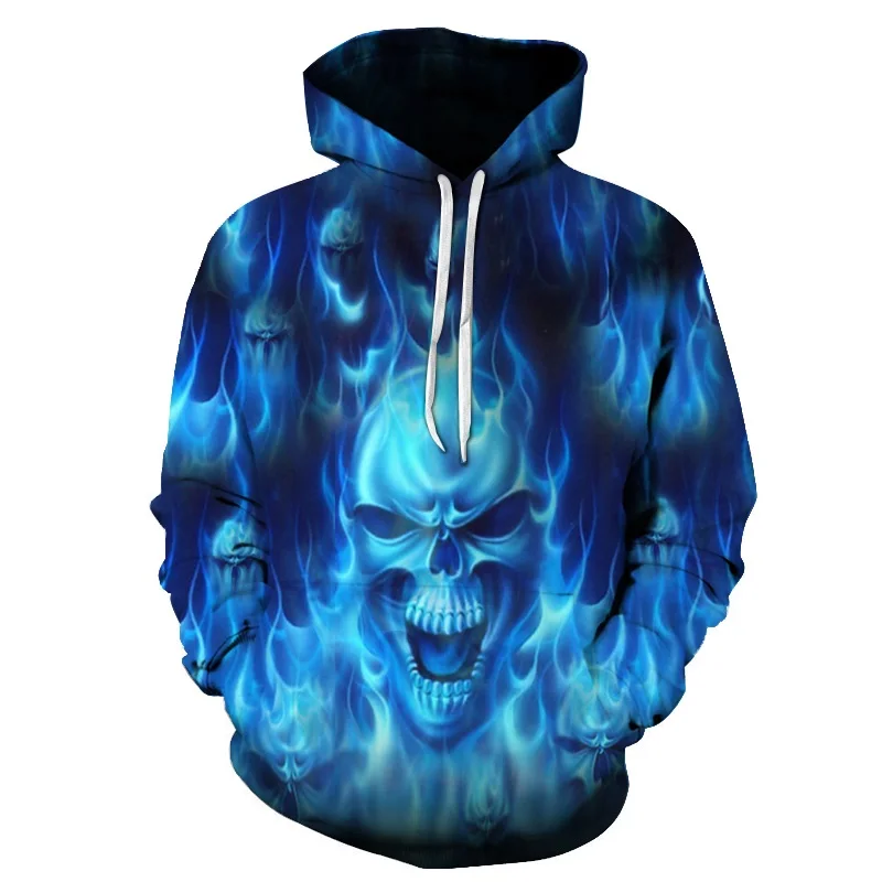 New Blue Flame Skull Hoodies 3D Sweatshirts Men Women