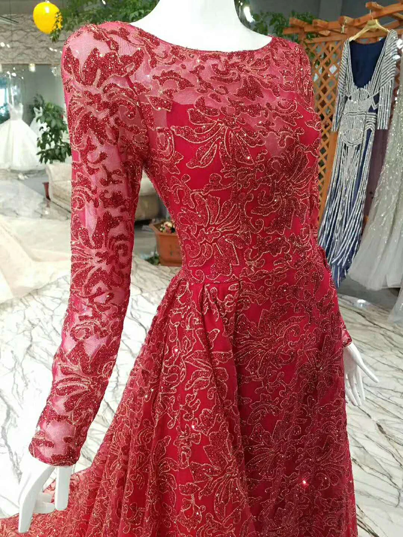 LSX009 Shiny red evening dress long sleeve zipper back A line formal dress vestido longo de festa real photo from china