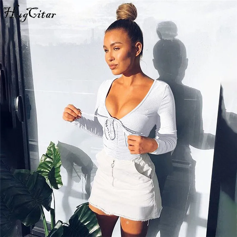 Hugcitar طويل كم العميق الخامس الرقبة الدانتيل يصل مثير bodycon ارتداءها 2018 الخريف الشتاء المرأة الأزياء الجسم