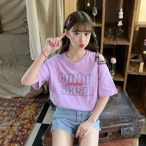 

Letter Printed Patchwork Simple Hiy Street White Special All Match 2019 Summer Short Sleeve Female Women White Top T-shirt