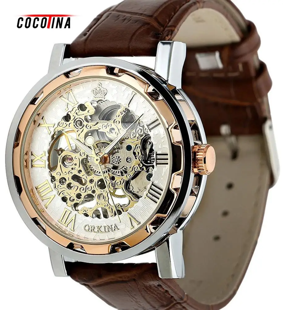 

COCOTINA Men's Gold Dial Skeleton Black Leather Mechanical Sport Army Wrist Watch L051157