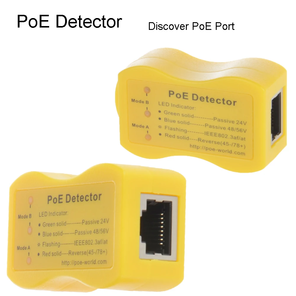 

Power over Ethernet PoE Detector Method and Voltage (802.3af/at/bt, Passive, 24v, 48v, or 56v; Mode A/Mode B): POE-Detector