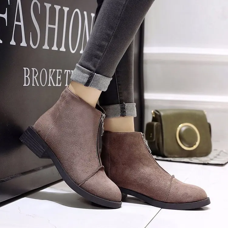 

High-quality Zipper Front Knight Style Women Fashion Ankle Boots Round Toe Female Square Med Heel Martin Boots Leather Boots