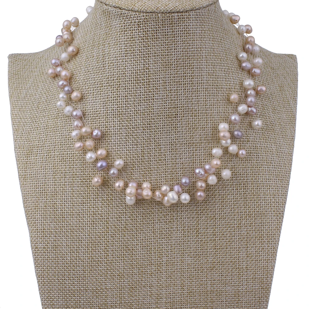 

Natural Freshwater Pearl Necklace new famous fashion brand White Pink Pearl Beads Multi Strand Choker Necklace Wedding Bridal