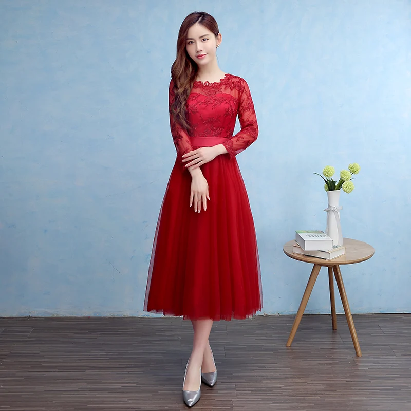 Brand New Bridesmaid Dresses Elegant Long Sleeves Bride Gown High Neck Tulle Ball Prom Party Homecoming/Graduation Formal Dress