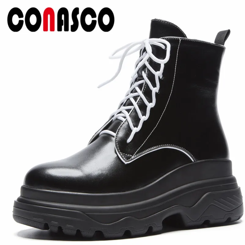 

CONASCO 2019 Fashion Women Motorcycle Boots Autumn Winter Warm High Heels Shoes Woman Cross-tied Punk Quality Casual Ankle Boots