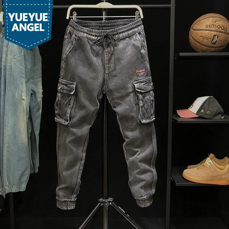 Autumn Winter Dark Gray Jeans Men Plus Size 4XL Pockets Elastic Waist Hip Hop Harem Pants Street Casual Denim Ankle-Length | Мужская