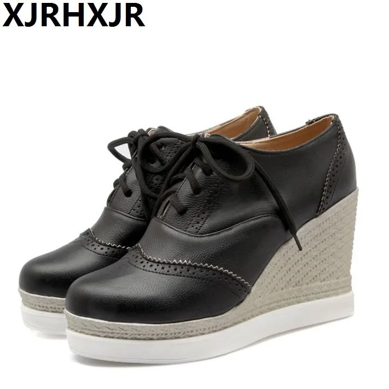 

XJRHXJR 2019 New Women Pumps Platform Black Lace Up Shoes Women Casual Shoes Wedges Heel Pu Leather 9cm High Heels Size 33-43