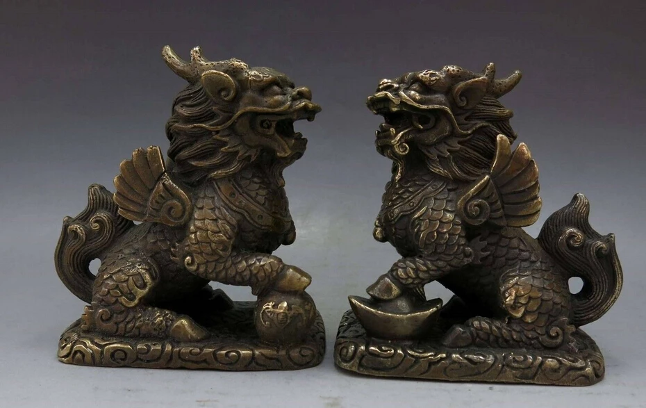 

wholesale factory China brass copper Feng Shui lucky Foo Dogs Lion kylin pair Sculpture Statue