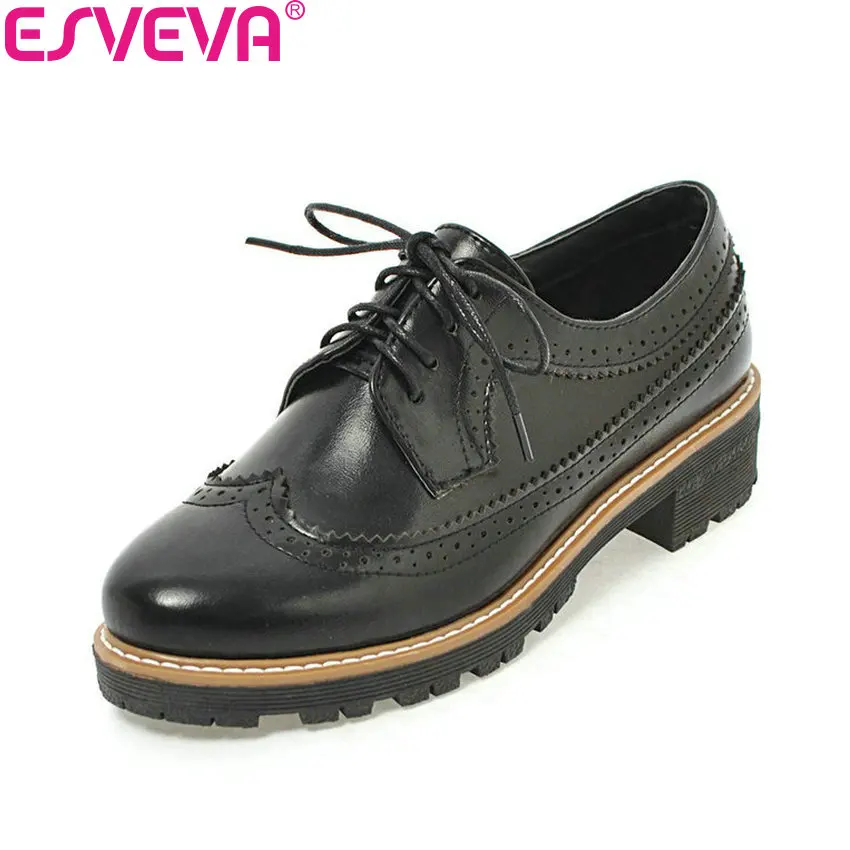 

ESVEVA 2018 Woman Pumps Out Door Round Toe Lace Up Square High Heels PU Handmade Spring and Autumn Ladies Shoes Size 34-43