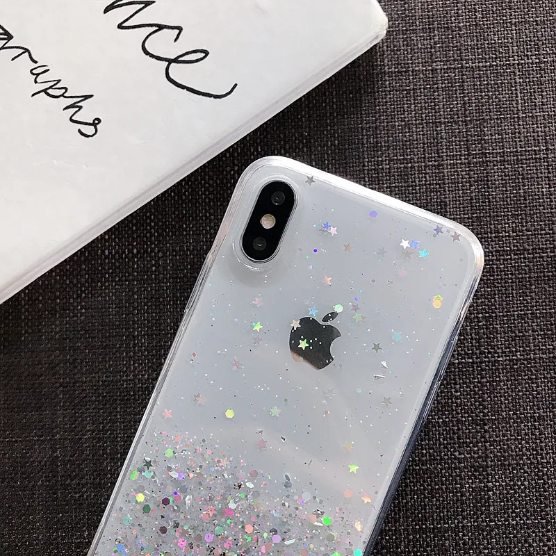 Блестящий силиконовый чехол со звездами для iPhone 11 Pro Max X XR XS Max блестящая мягкая прозрачная задняя крышка с блестками для iPhone 6 6S 7 8 Plus