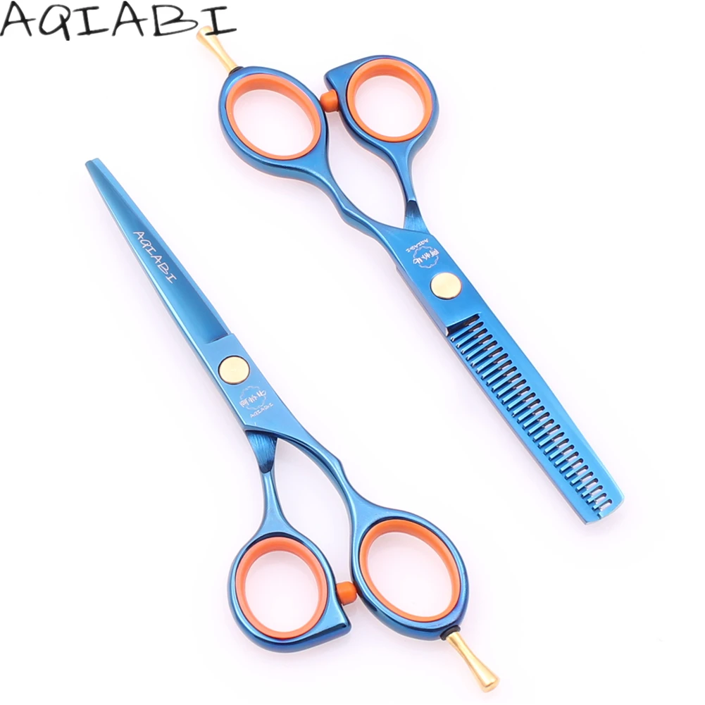

Hair Scissors 5.5" AQIABI Blue JP 440C Cutting Shears Thinning Shears Barber Scissors Hair Scissors Detachable Finger Rest A1014