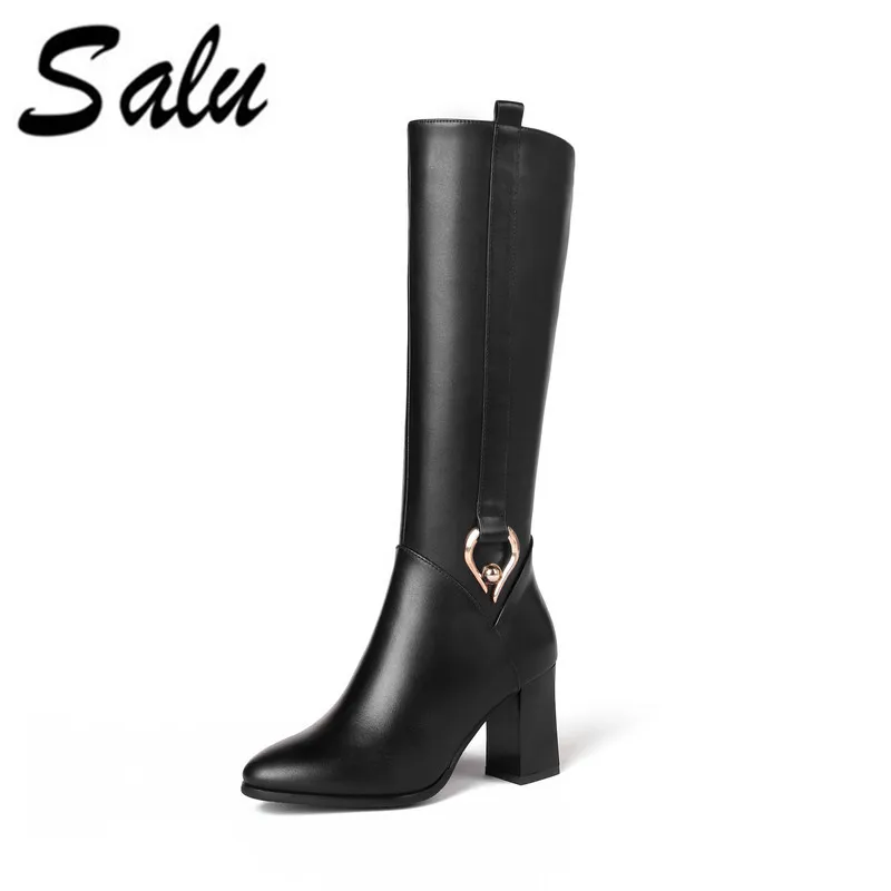 

Salu new style winter boots high boots real leather woman shoes high and thick heel calf leather ladies boots