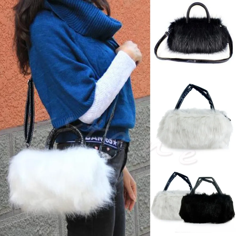 

Cute Vogue Black White Faux Rabbit Fur Handbag Shoulder Messenger Bag Tote