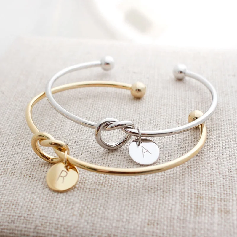 Infinity Love Knot Adjustable Alloy Cuff Bangle Stacking Bracelet with Initial Disc Birthday Friendship Sisters Bridesmaid Gift | Украшения