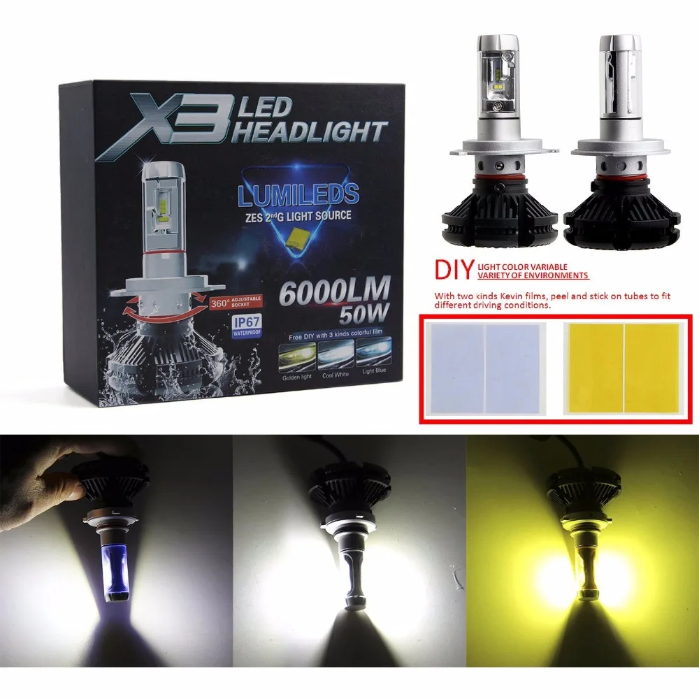 Pair Car H4 9003 HB2 100W Super Bright High Power ZES LED Chips and DIY 3 Colors (White/Gold/Ice Blue) Hi/Lo LED Headlight Bulbs