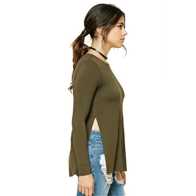 WKOUD 2018 الجانبية سبليت تي شيرت للنساء الأزياء الحلوى الألوان قمم ضئيلة كامل تيز الصيف تي شيرت الإناث عارضة تي شيرت t8162