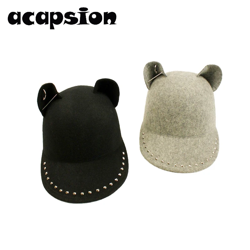 

Acapsion Black Wool Cat Ear Baseball Caps Metal Rivet Ring Equestrian Visor Cap Visors For Women Bone Gorra Casquette Chapeu