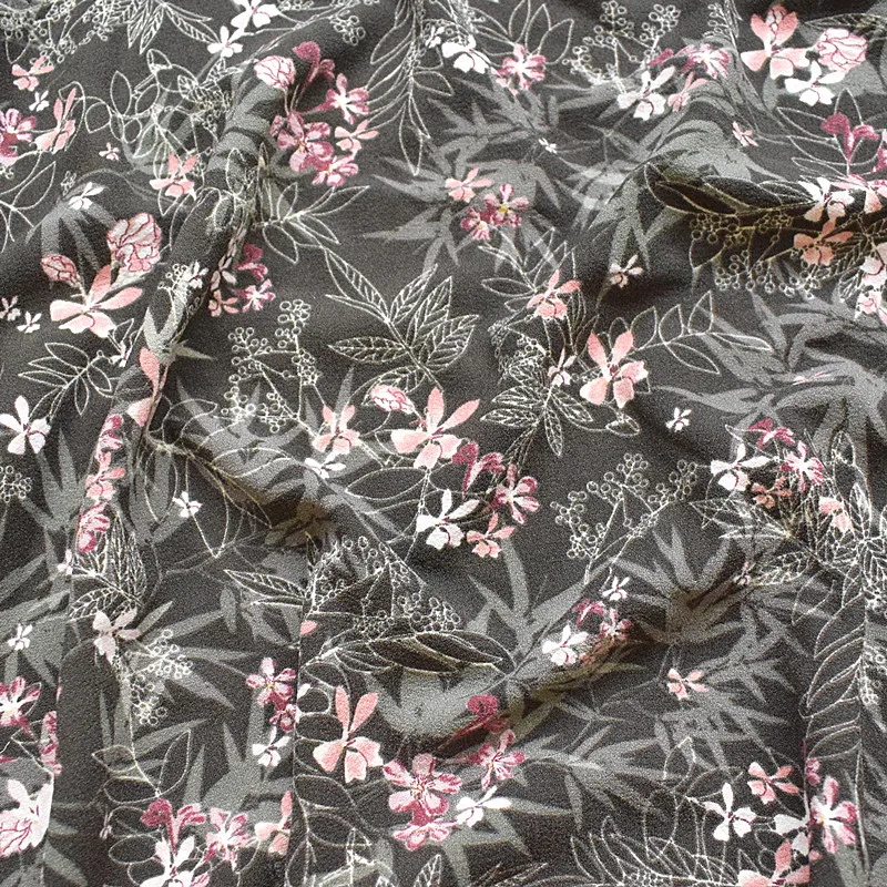 

2019 new super thick tangled chiffon fabrics spring and summer printing fabrics dark brown bottom messy flowers do not show
