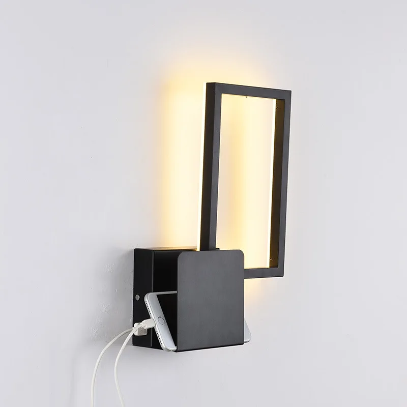 

Modern LED Wall Light with USB Port Aluminum Black Square Wall Sconce Lamp for Home Bedroom Bedside Bed Headboard House Deco