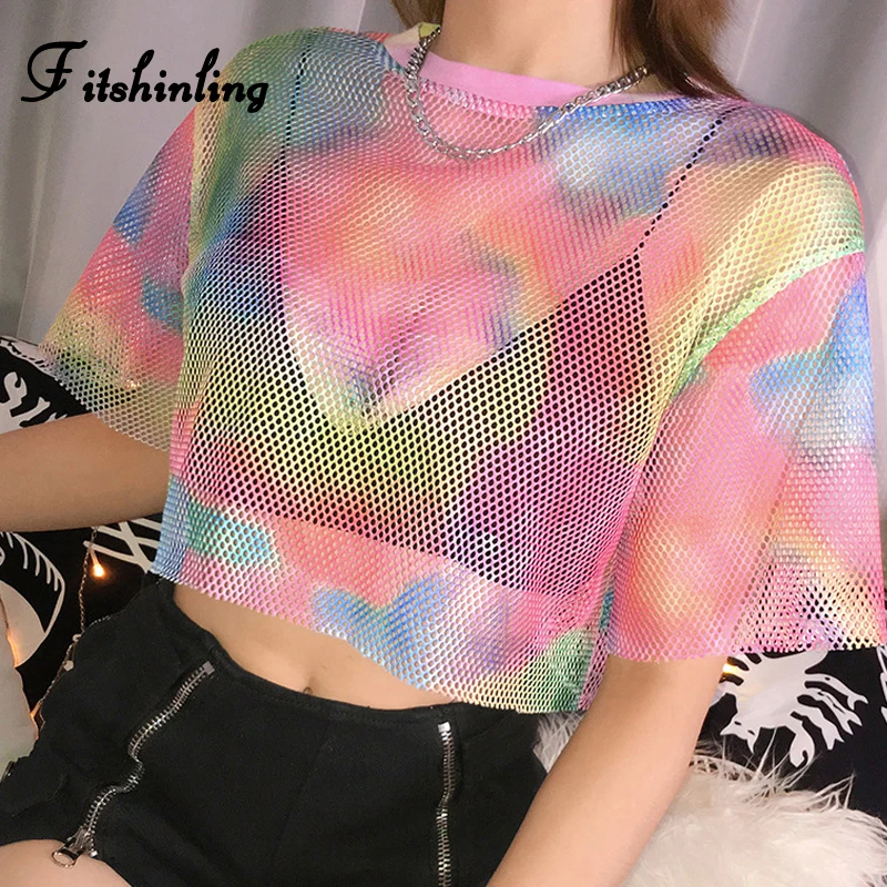 

Fitshinling Tie dye mesh female t-shirt hollow out sexy hot summer crop top short sleeve multicolor t-shirts for women clothes
