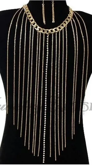 

Europe Fashion Women Metal Gold Tassel Body Necklace Chain Harness Tassel Chunky Statement Jewelry DDFJLN2024