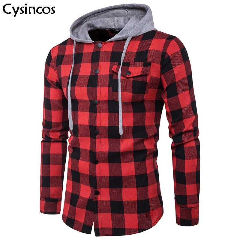 

Cysincos New Men Casual Plaid Hooded Shirts Lattice Print Hoodies with One Pocket Autumn College Male Drawsting Long Sleeve Tops
