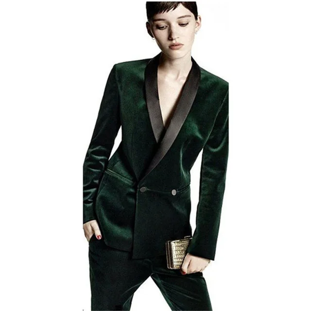 

Dark Green Velvet With Shawl Lapel Women's Elegant Office 2 Pieces Fashion Suits Female Business Uniform Custom Made Suits