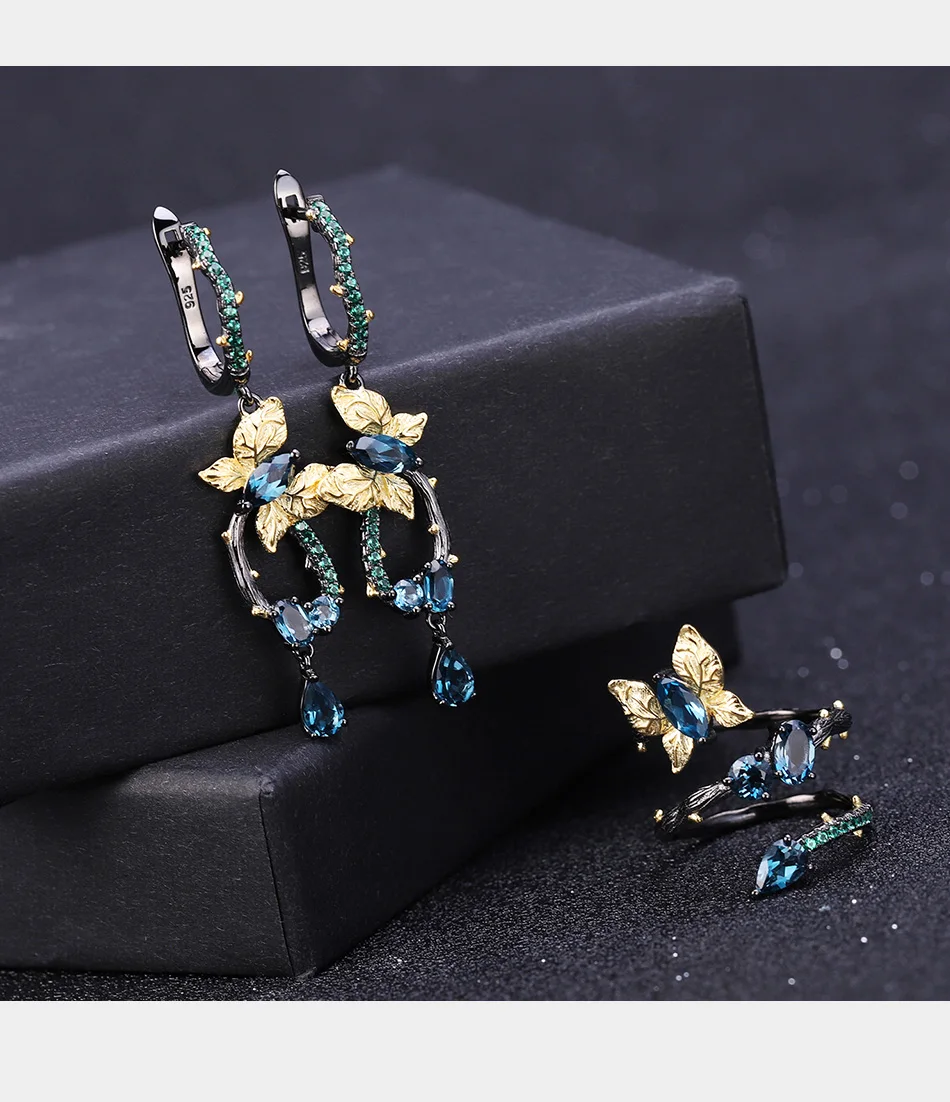 GEM'S балетные 925 пробы, серебряные серьги-капли ручной работы в виде ветки бабочек, классические серьги из натурального Лондона с голубым топазом для женщин