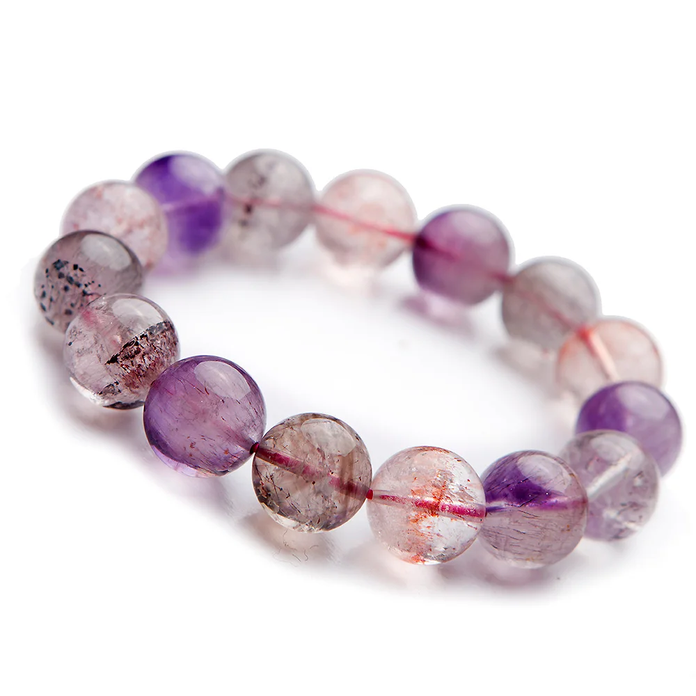 

14mm Genuine Purple Rutilated Quartz Crystal Bracelets Natural Jewelry Super 7 Seven Stone Multi Colors Bead Charm Bracelet