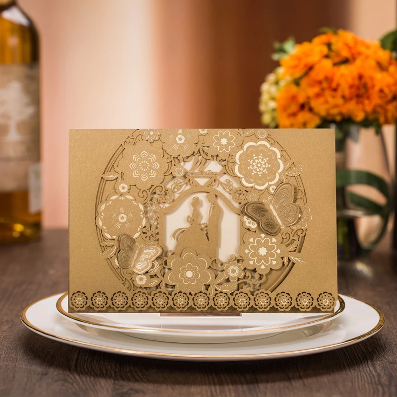 50pcs WhiteGold Bride and Groom Laser Cut Wedding Invitations Card Butterfly Elegant  Wedding Engagement Event & Party Supplies (3)