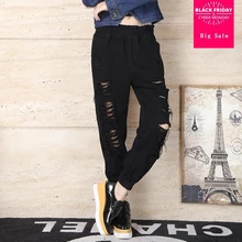 Большие размеры 4XL sahion женские джинсы с эластичной резинкой на талии шаровары Длина по щиколотку рваные повседневные джинсовые женские брюки бойфренда