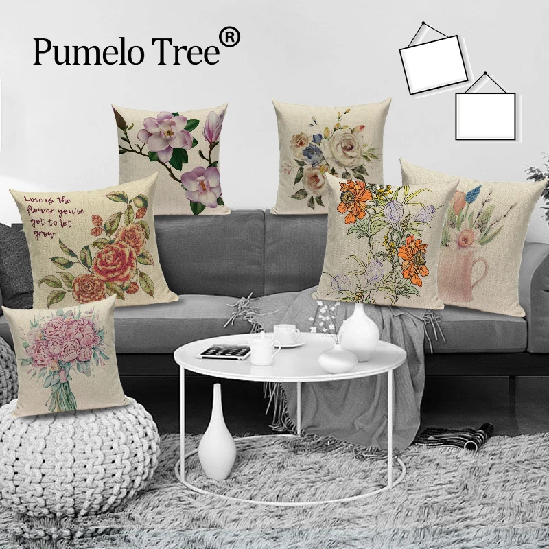 

Vintage Pillow Covers Flower Farmhouse Decorative Throw Pillow Case Linen Cushion Cover For Sofa Plant Home Decor Cushions Cases