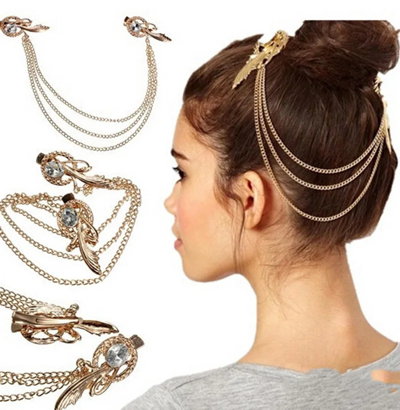 

European Crystal Feather Hairpin Headwear Clip Cuff Golden Metal Chain Hair Jewelry