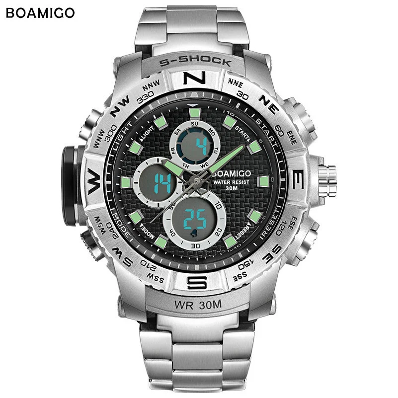 

BOAMIGO waterproof digital watch men Sport Stainless Steel Double display Multiple Time Zone Quartz wristwatch high quality 2019