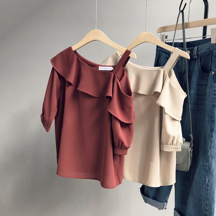 

Spring and summer new style ne-shoulder strap off-shoulder ruffle collar shirt Short sleeve chiffon shirt