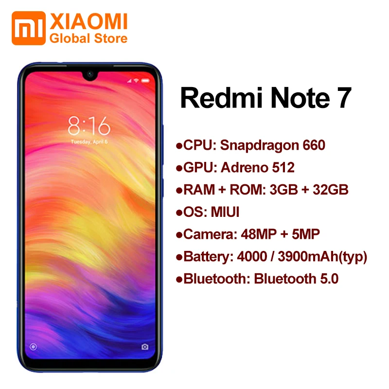 Смартфон XIAOMI Redmi Note 7 с глобальной прошивкой 3 ГБ 32 Восьмиядерный процессор S660 4000