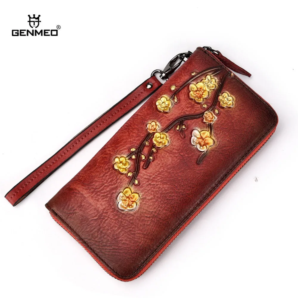 

GENMEO New Genuine Leather 3D Wintersweet Pattern Wallet Women Cowhide Clutch Bag Vintage Red Female Coin Purse Bolsa Feminina