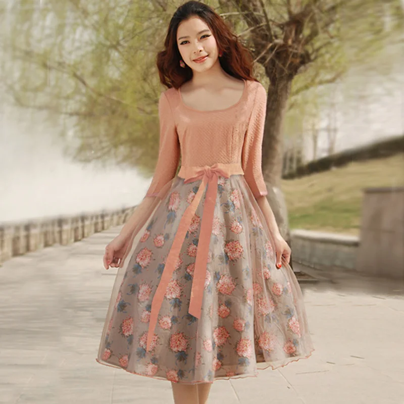 

2018 Spring Women Dresses Elegant Sweet patchwork Belt colsed waist O neck A line Dresses Vestidos