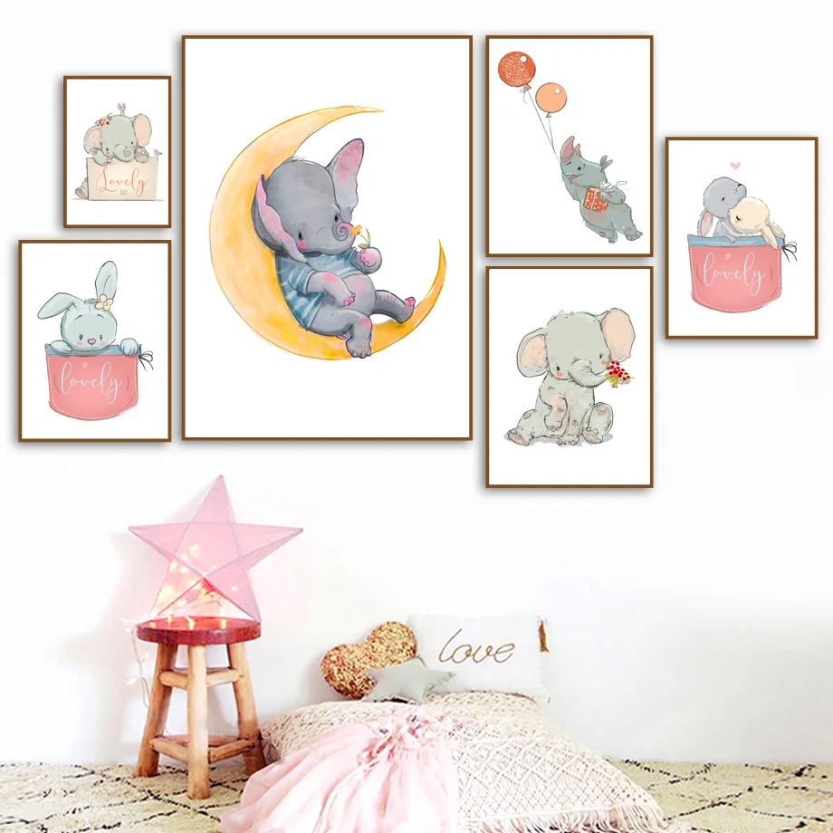 

Cartoon Elephant Rabbit Balloon Moon Animal Nordic Posters And Prints Wall Art Canvas Painting Wall Pictures For Kids Room Decor
