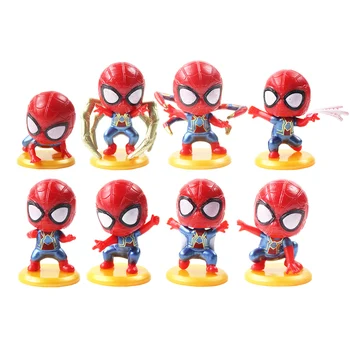 

8pcs/lot Super Hero Spiderman Iron Spider Q Version Decoration Toys With Yellow Base PVC Action Figure Collectible Model Doll