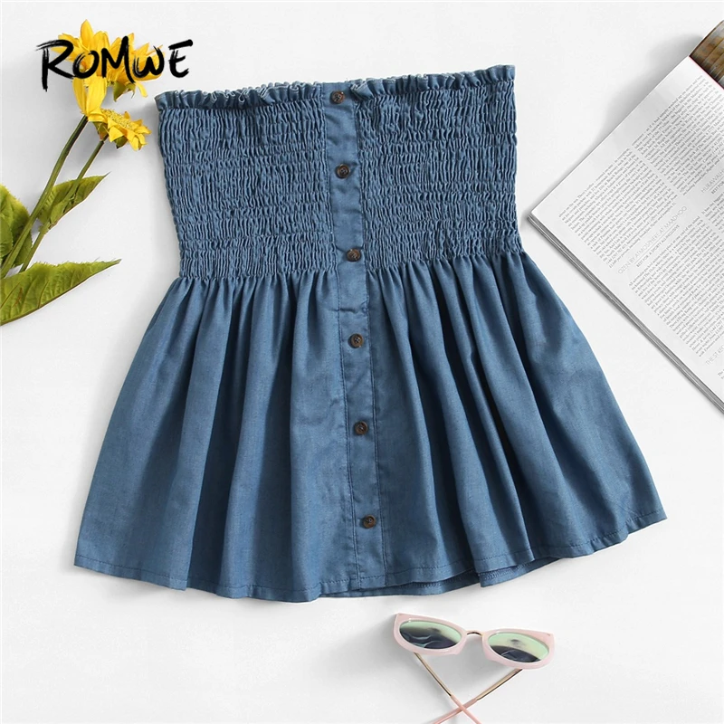 ROMWE синий однобортный плиссированный укороченный топ женский летний Boho без бретелек оборка расклешенный гофрированный подол жилет бандо Топы