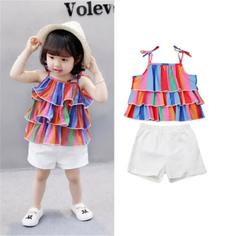 

Baby Girl Clothes 2019 Infant Kid Baby Girl RuffleVest Rainbow Sling Tops+White Short Pant Outfits Cotton O-neck Girl Clothes