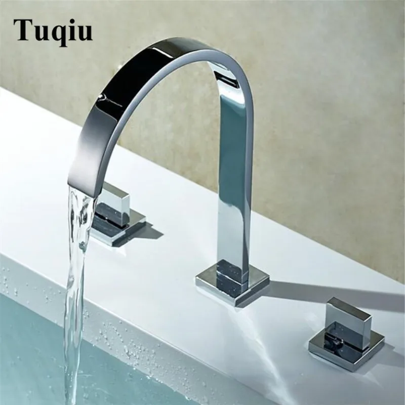Chrome Square Brass Bathroom Sink Faucet Widespread 8 Inch 3 Holes