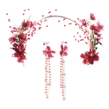 

FORSEVEN 2019 Bridal Bride Wedding Party Red Tiaras Crystal Beads Hairband Long Tassels Flower Dangle Earrings Hair Jewelry Sets