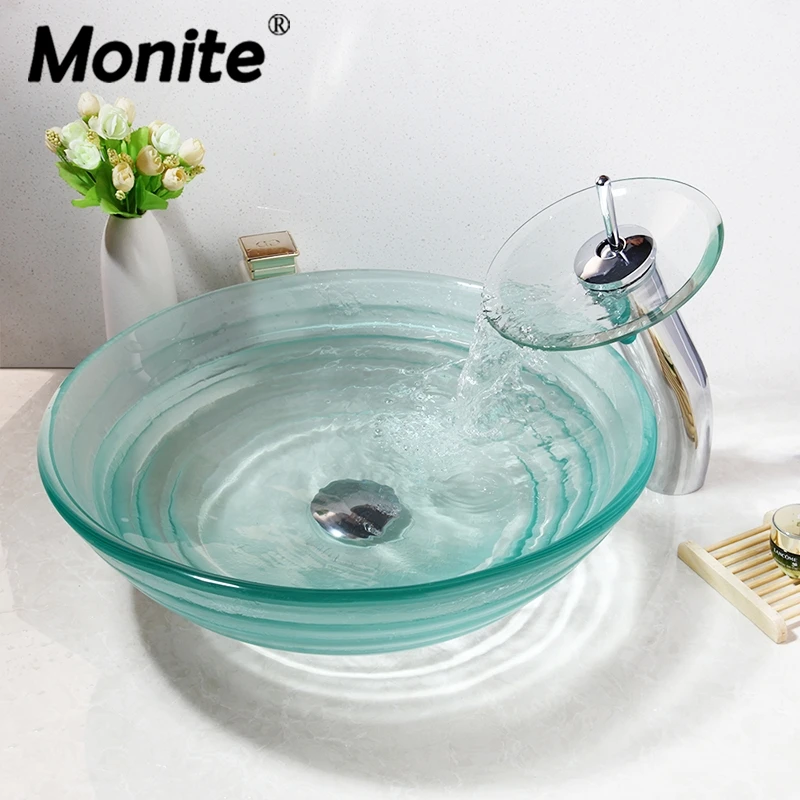 Monite Waterfall Chrome Polished Soild Brass Bathroom Sink Round Tempered Glass Vessel Sink Faucet And Water Drain