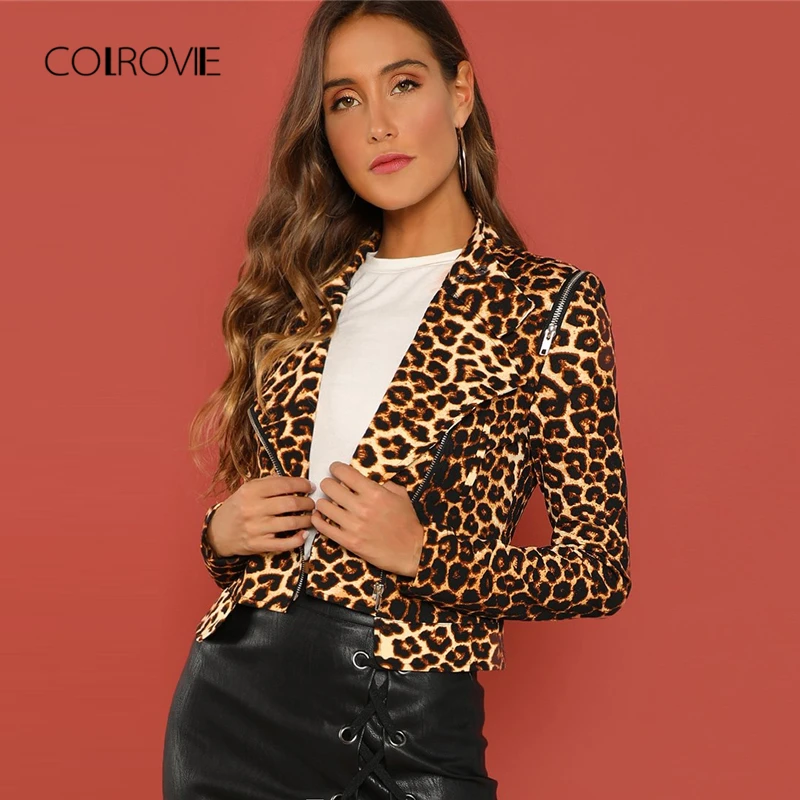  COLROVIE Leopard Print Asymmetric Zip Biker Crop Winter Jacket Women Coats 2018 Streetwear Casual F