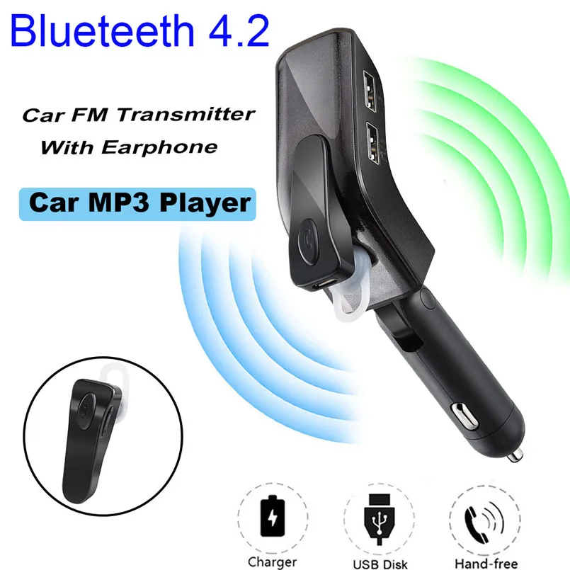 

Blueteeth Wireless Car Kit FM Transmitter MP3 Player Handsfree Car Kit Dual USB Remote With Earphone 40JUL15